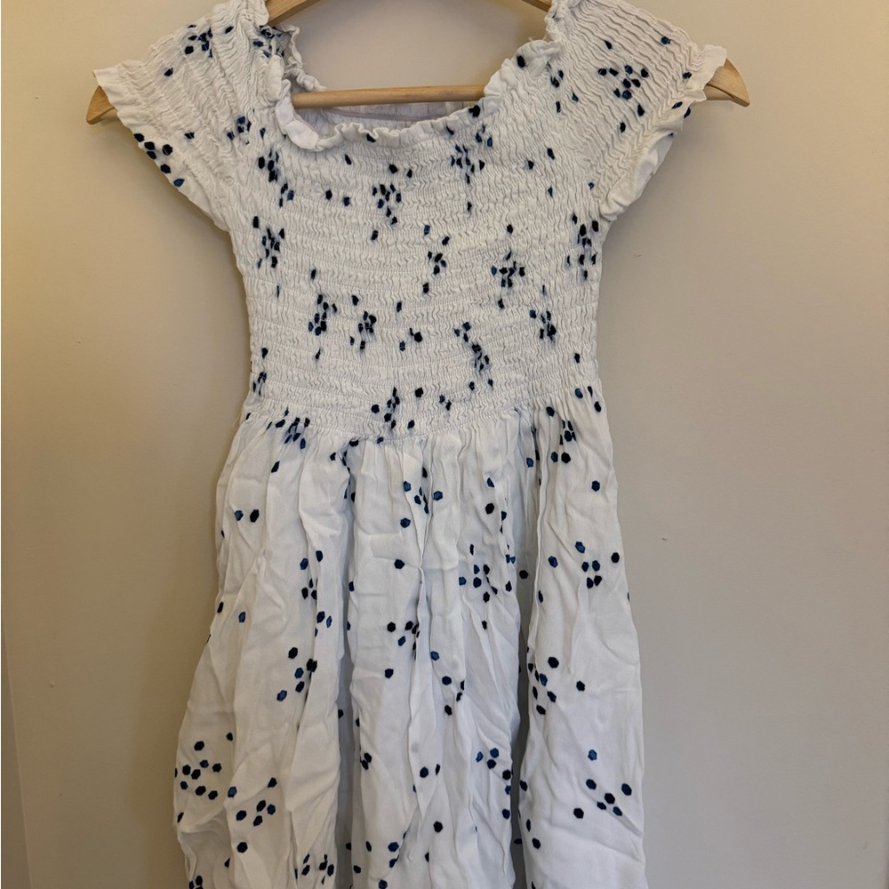 White Smocked Dress with Blue Dots